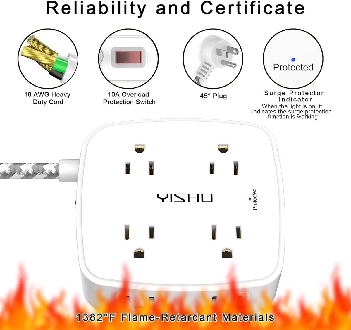 YISHU 6Ft Surge Protector Power Strip with 8 Widely Outlets & 4 USB Ports
