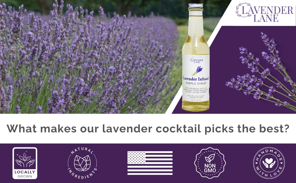 Lavender Lane Lavender Simple Syrup & Lavender Cocktail Picks, For Cocktails, Tea, Coffee, Mocktails, Garnishment