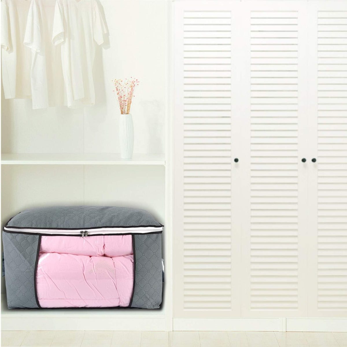 combocube Comforter Storage Bag, Zippered Bag with Large Clear Window and Carry Handles, Space Saver Organizers for Closet, Blanket, Pillow, Quilt, Bedding, Clothes (Grey Large)