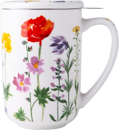 AmorArc Porcelain Tea Mug with Infuser and Lids, 18 Oz Large Cup Strainer with Bag Holder for Loose Leaf Tea, Steeping Coffee Mug for House-warming Wedding Birthday Gift