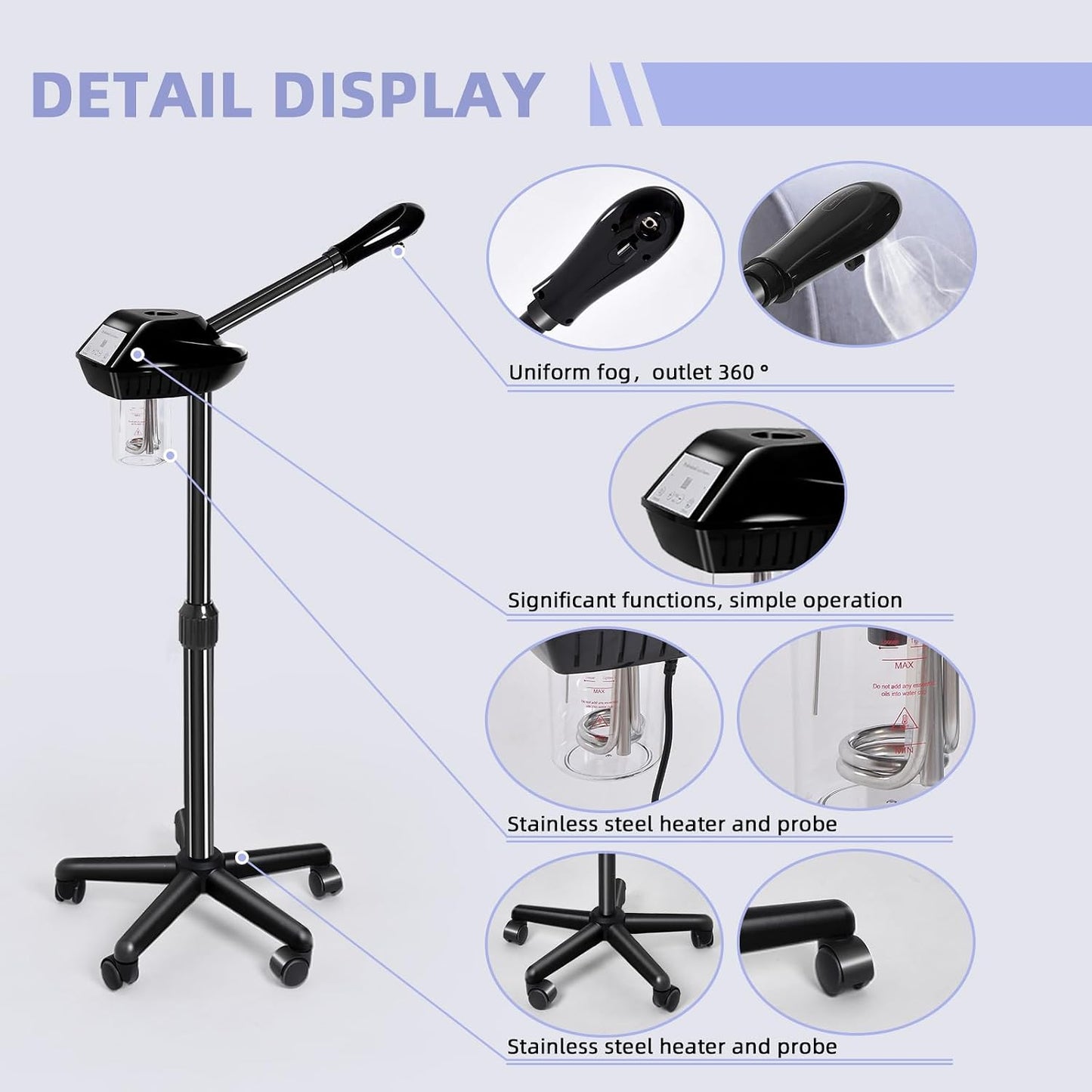 Retain time Facial Steamer, Face Steamer on on Wheels with More Steam, Adjustable Height for Face Steamer Suitable for Personal Home and Professional Personal Care Places，Moisturizing and Hydrating.
