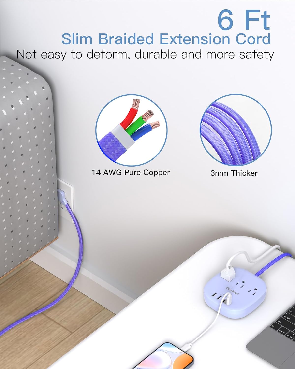 Travel Essentials, 22.5W/4.5A Flat Plug Power Strip, 6 Ft Extension Cord