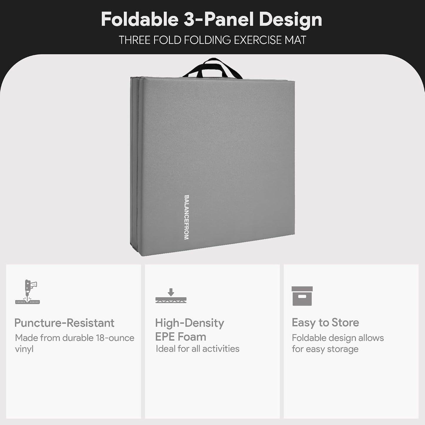 BalanceFrom 6x2 Feet 3-Panel Folding Gymnastics Mat – 2-Inch Thick Pad with Vinyl Surface and Carrying Handles for Tumbling, Yoga, Pilates, Home Workouts, and Martial Arts