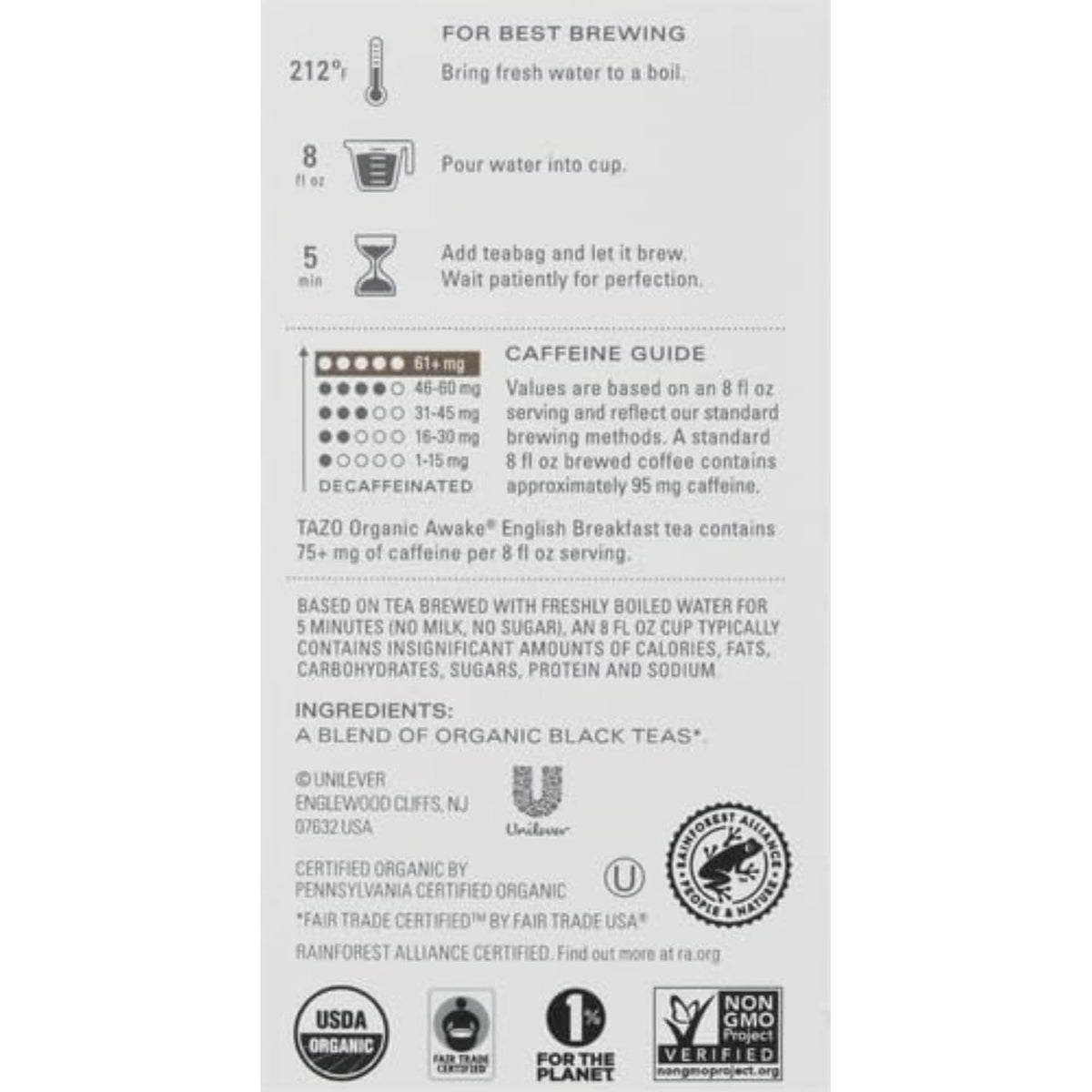 TAZO Organic Awake English Breakfast Black Tea, Black tea with Caffeine, 16 Total Bags