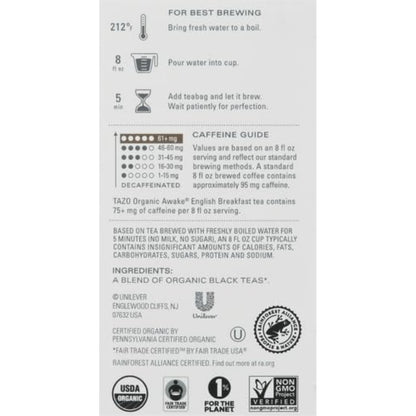 TAZO Organic Awake English Breakfast Black Tea, Black tea with Caffeine, 16 Total Bags