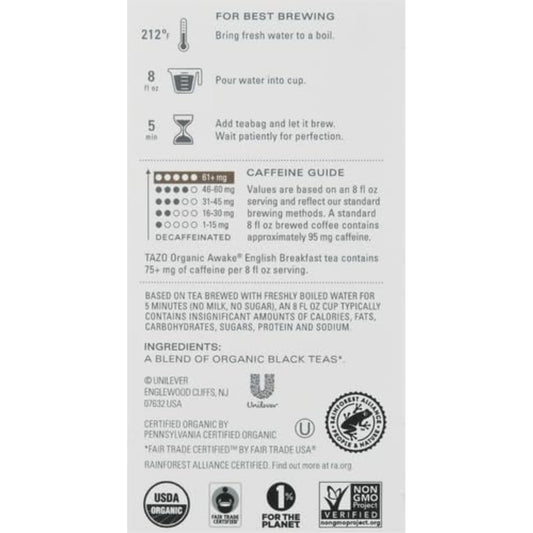 TAZO Organic Awake English Breakfast Black Tea, Black tea with Caffeine, 16 Total Bags