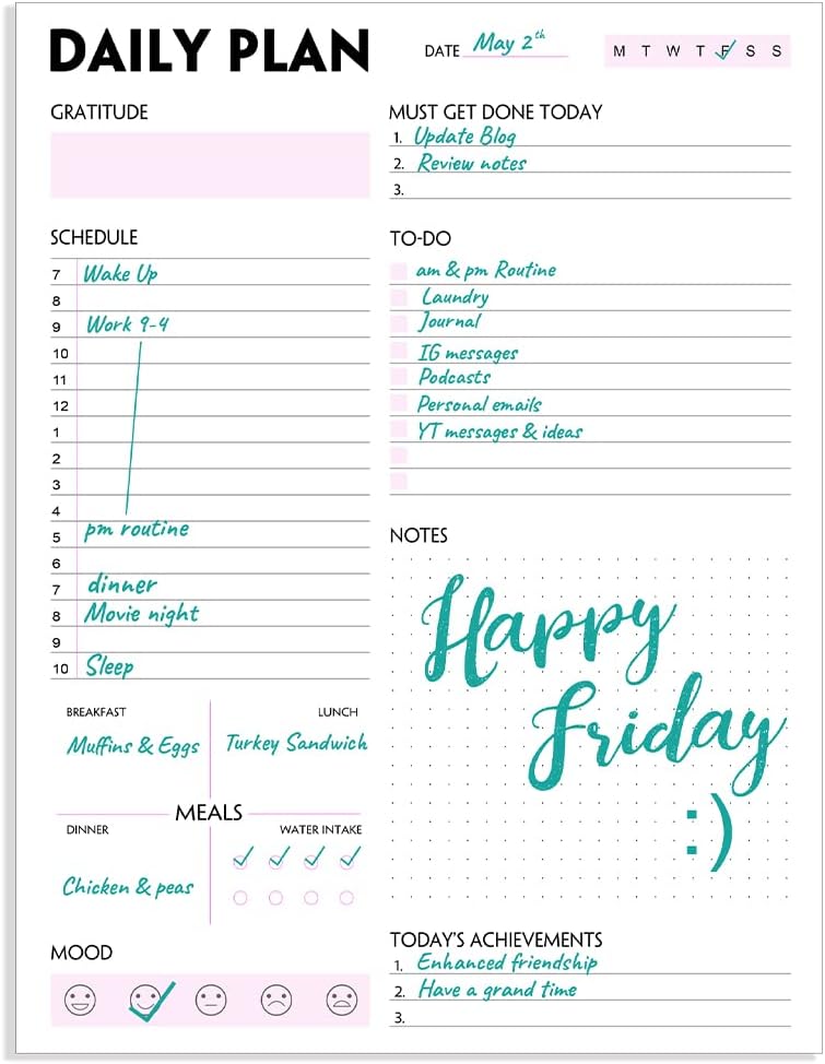 Daily Planner Notepad - A5 Calendar, Scheduler, Organizer with Priority, To Do List, Appointments, Notes, Meals and Water Intake Tracker, 50 Undated Tear-Off Sheets Planning Pad, 5.8"x8.25"