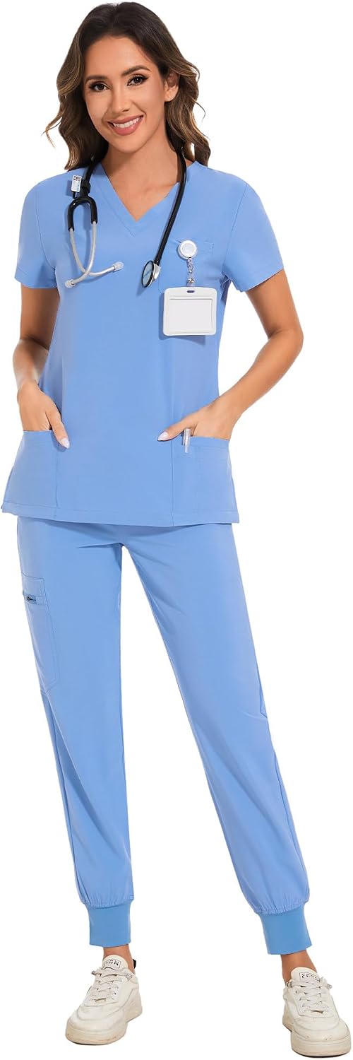 COZYFIT Scrubs for Women Set - Stretch V-Neck Scrub Top & Jogger Pant with 8 Pockets COZY SCRUBS - Colors D