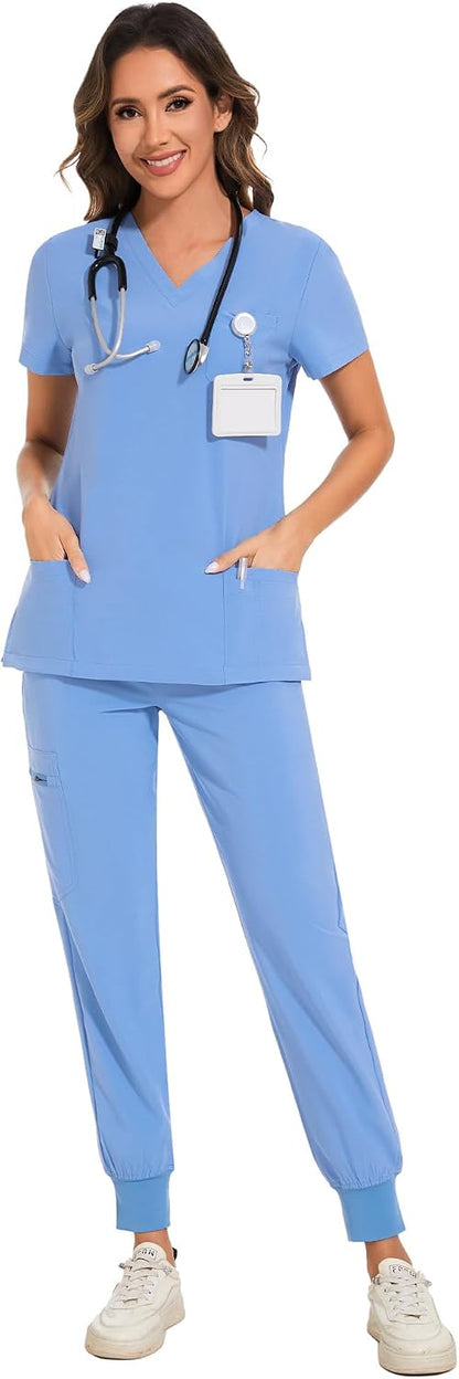 COZYFIT Scrubs for Women Set - Stretch V-Neck Scrub Top & Jogger Pant with 8 Pockets COZY SCRUBS - Colors D