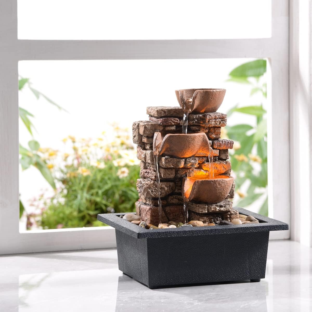 Haobos Indoor Tabletop Fountain 3-Tier Rockery Relaxation, Soothing Sound Home/Office/Bed Room Decor,Gifts for Mom/Grandma Relaxing Waterfall Meditation Tabletop Fountain LED Lights