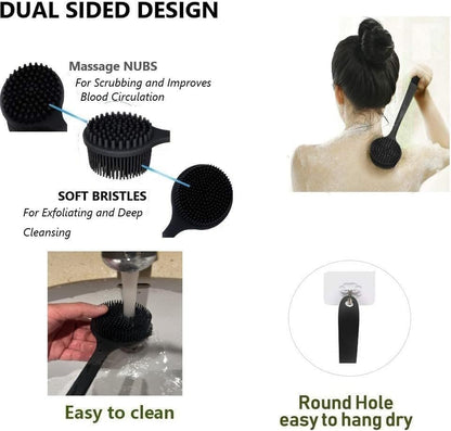 Long Handle Silicone Body Scrubber for Shower, Dual-Sided Back Scrubber Brush with Soft Bristles&Massage Nodes, Exfoliating Bath Brush for Hard to Reach Areas, Easy to Clean & Quick Dry, for Daily Use