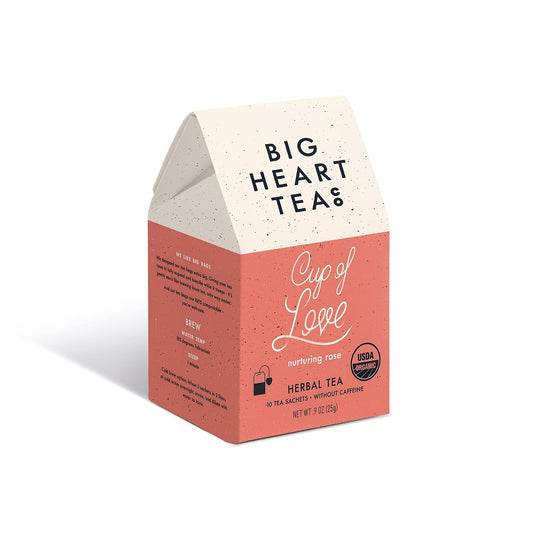 Big Heart Tea Co. Tea Bags - Cup of Love Red Rose - Certified Organic, Floral Ayurvedic Herbal Decaf Tea in Zero Plastic Sachets with Small Batch Ground Herbs, Adaptogenic Tulsi, 10 Tea Bags