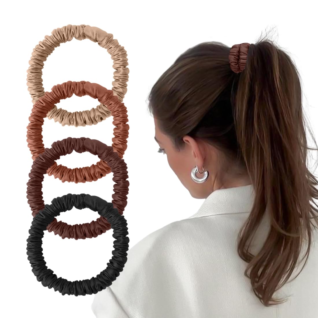 Mulberry Silk Scrunchies 4 Pack - Non Slip, Black Small Thin Silk Scrunchies for Women, Sleepy Ties for Thick Hair