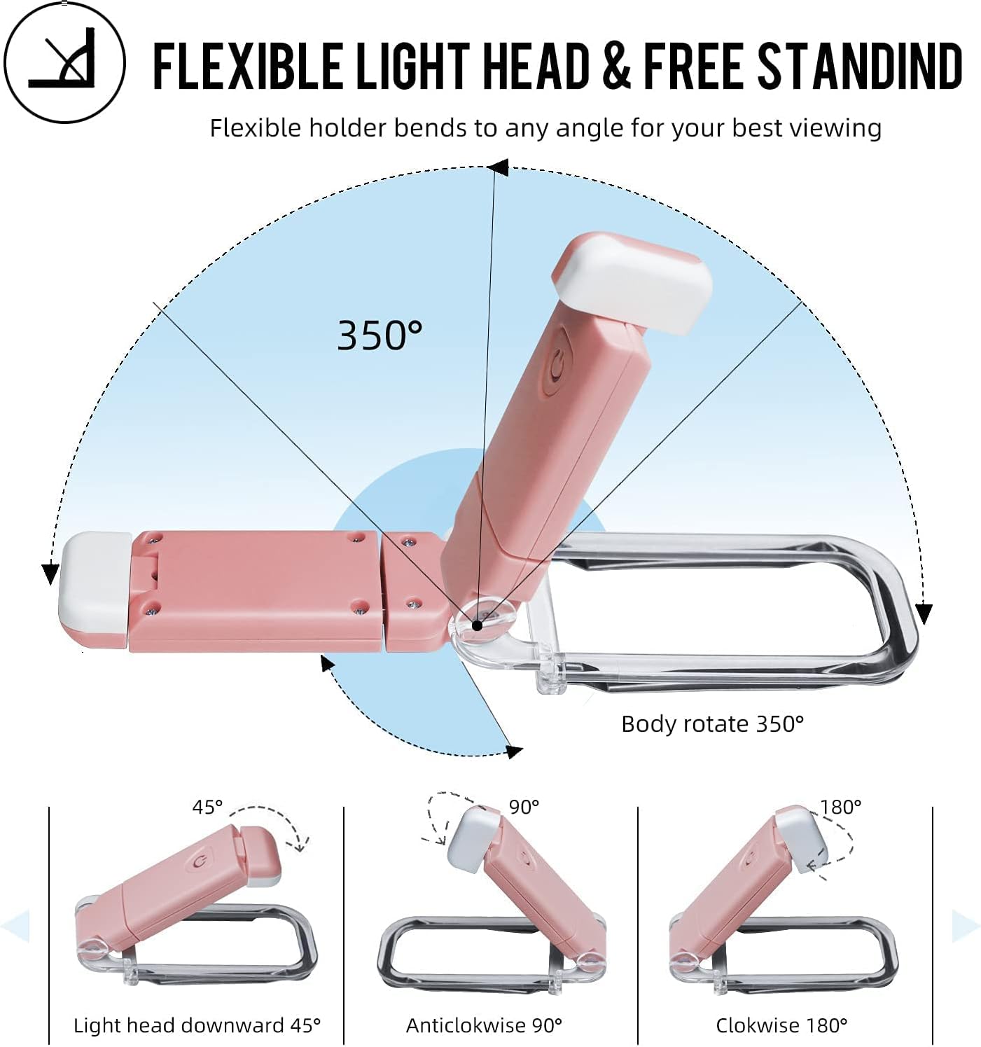 EGWASER Book Reading Light, Portable USB Rechargeable LED Clip on Book Lights for Reading in Bed, 3 Brightness Adjustable Dimmable Bookmark Light for Eye-Protection, Reading Lamp (White)