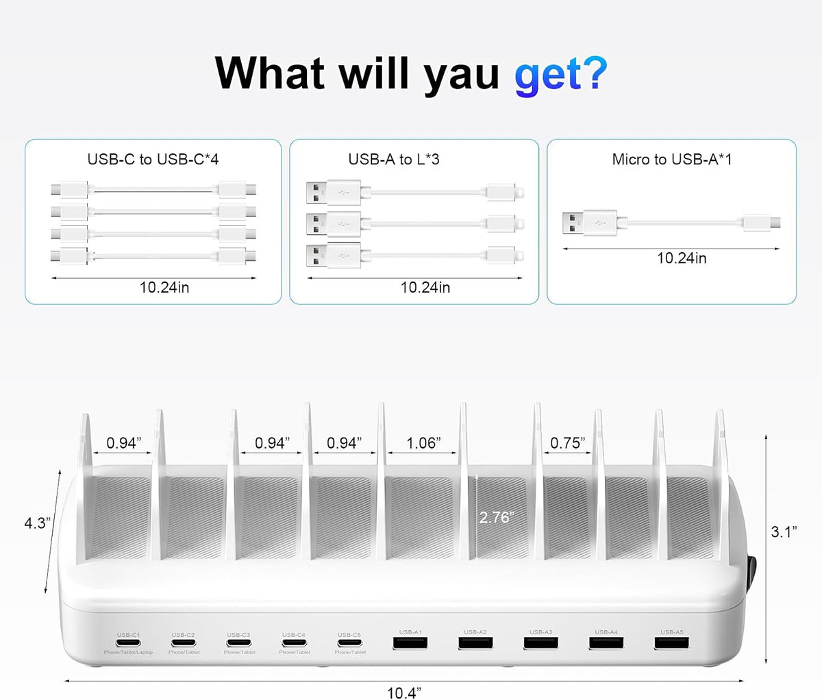 510W Charging Station for Multiple Devices, 10 Ports Charger Organizer