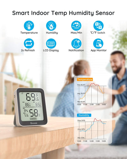 Govee Indoor Hygrometer Thermometer 2Pack H5075 with Bluetooth App Control | Room Temperature Humidity Meter, 164ft Remote Monitor, Smart Alerts, 2 Years Data Storage Export, for Bedroom Wine Cellar