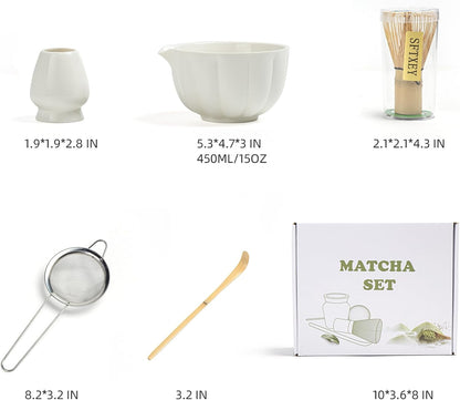 Matcha Whisk Set, Matcha Set Includes Ceramic Matcha Bowl, Bamboo Whisk, Scoop, Chasen Holder, Sifter, 5 Pcs Perfect Matcha Kit for Matcha Lover (Mottled Green)