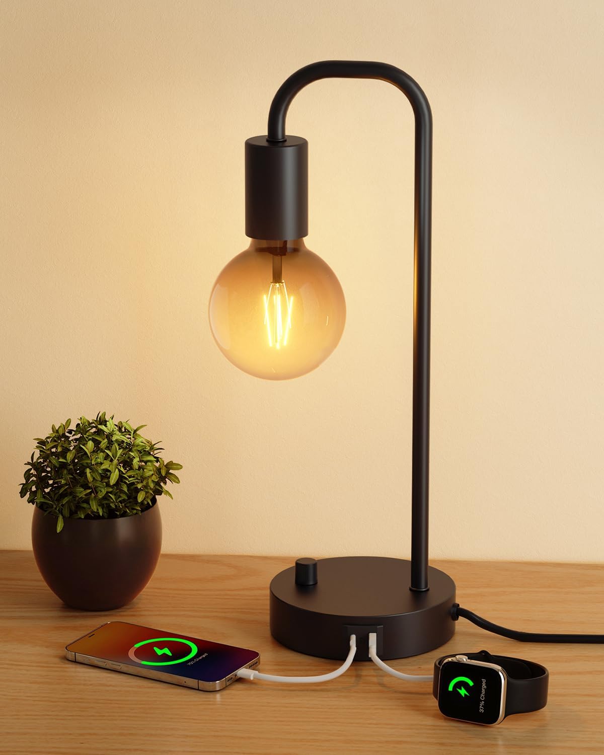 ONEWISH Industrial Table Lamp for Bedroom, Fully Dimmable Modern Bedside Lamps with 2700K Warm Light Bulb for Kids Reading, Minimalist Nightstand Lamps for Living Room, Office (Bulb Included)