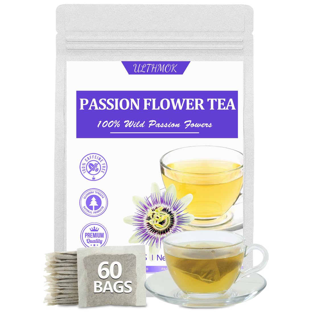 60 Premium Passion Flower Tea Bags, Made with 100% Natural Passionflower Leaves,Te De Pasiflora, Support Better Sleep & Relaxation, No Additives & Caffeine Free.