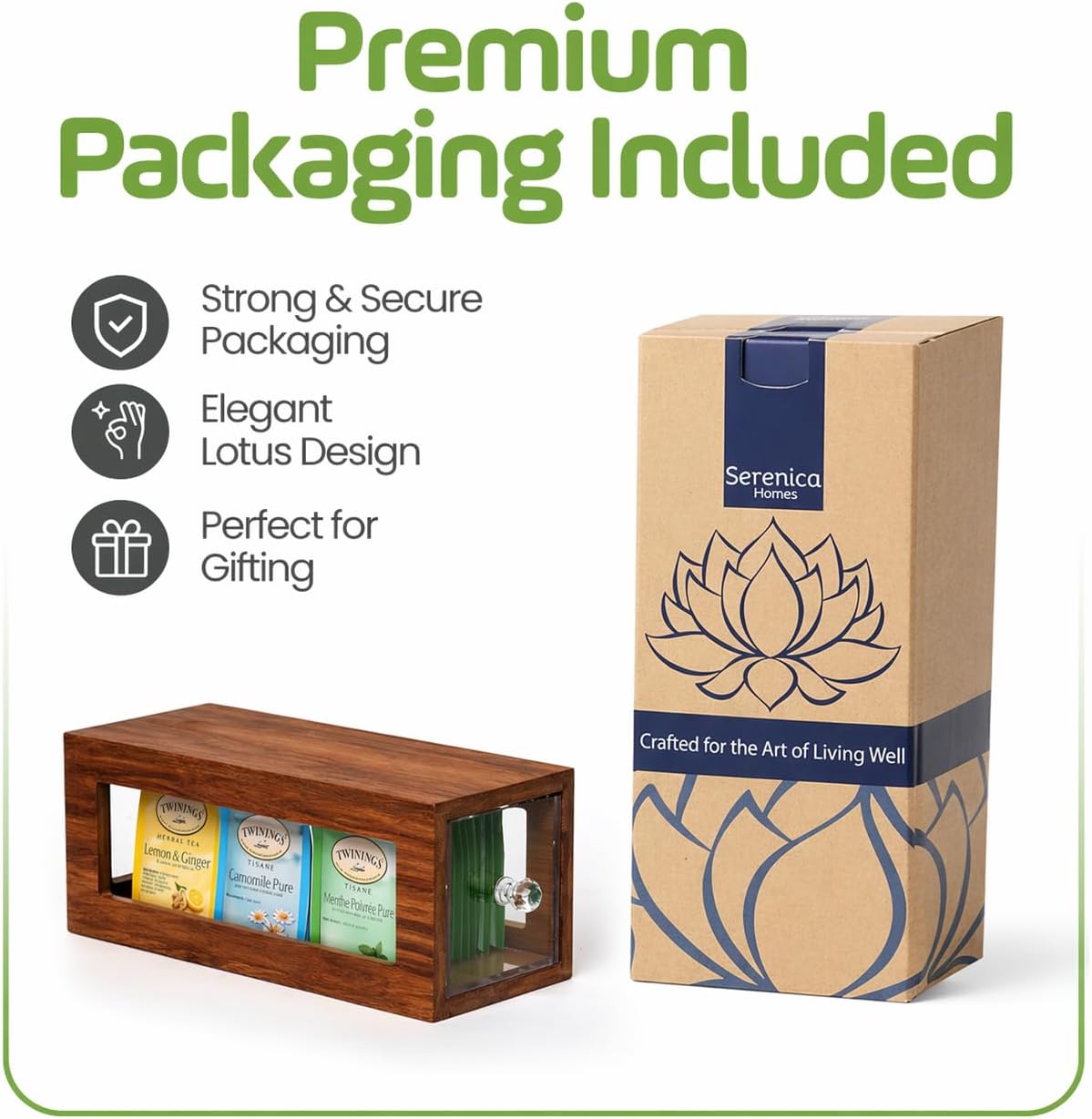Bamboo and Acrylic Drawer Tea Bag Holder- Durable & Elegant Tea Bag Storage Holder for Kitchen Countertop, Space-Saving Tea Drawer Organizer
