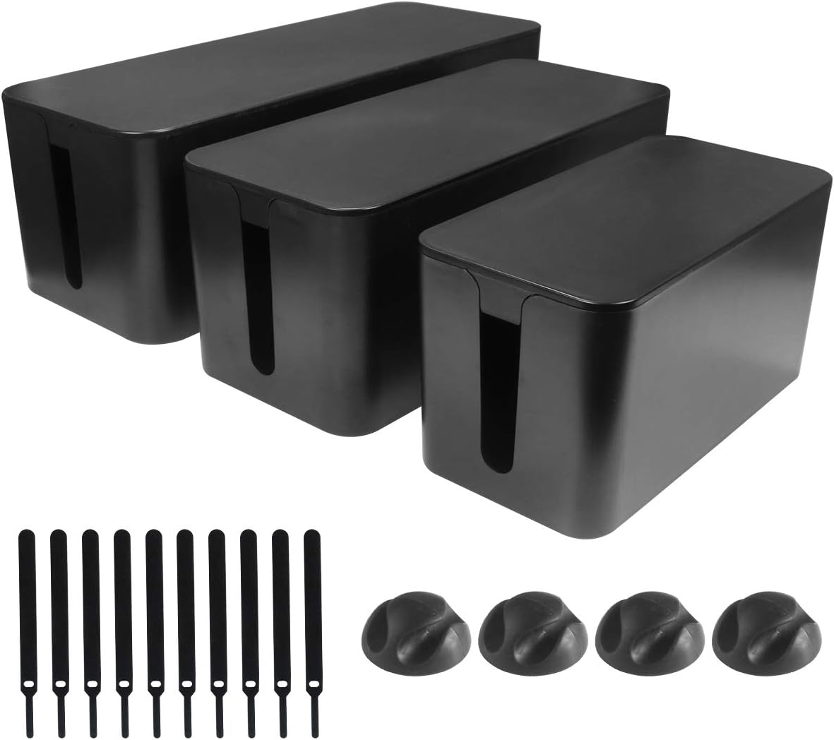 DUNCHATY Cable Management Box 3 Pack - Cord Hider & Power Strip Cover for Desk TV Computer - Child Pet Safe ABS Wire Organizer Box with 10 Cable Ties & Clips, White