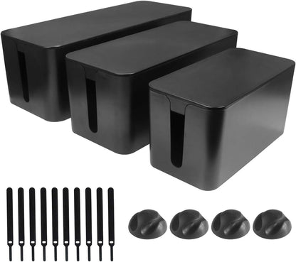 DUNCHATY Cable Management Box 3 Pack - Cord Hider & Power Strip Cover for Desk TV Computer - Child Pet Safe ABS Wire Organizer Box with 10 Cable Ties & Clips, White