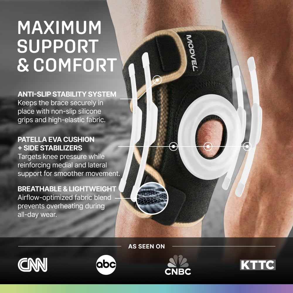 Modvel Knee Brace with Side Stabilizers & Patella Gel Pads for Pain Relief and Joint Support Breathable, Non-Slip Compression Sleeve for Men & Women, Arthritis, Meniscus, ACL Recovery