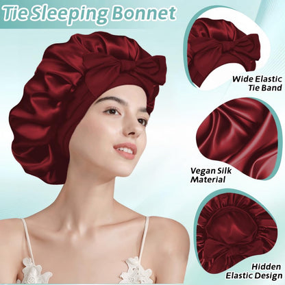 VECIIR Silk Bonnet for Sleeping Women, Ajustable Hair Bonnet for Curly Hairs Satin Bonnet Reduce Friction Prevent Frizz Black，Large