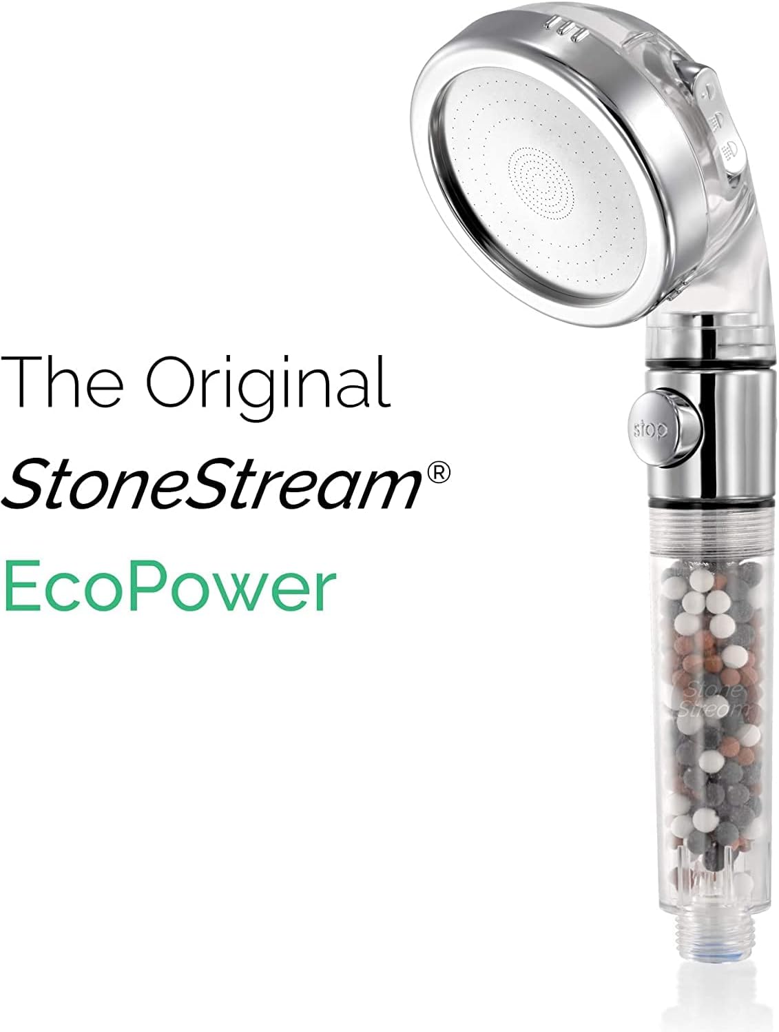 Original StoneStream Filtered Shower Head, Eco Power High Pressure Water Softener Showerhead with ON/OFF switch and Spa like Ionic beads for Dry Skin & Hair — 3 Spray Settings