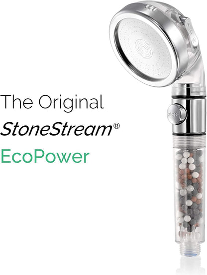 Original StoneStream Filtered Shower Head, Eco Power High Pressure Water Softener Showerhead with ON/OFF switch and Spa like Ionic beads for Dry Skin & Hair — 3 Spray Settings