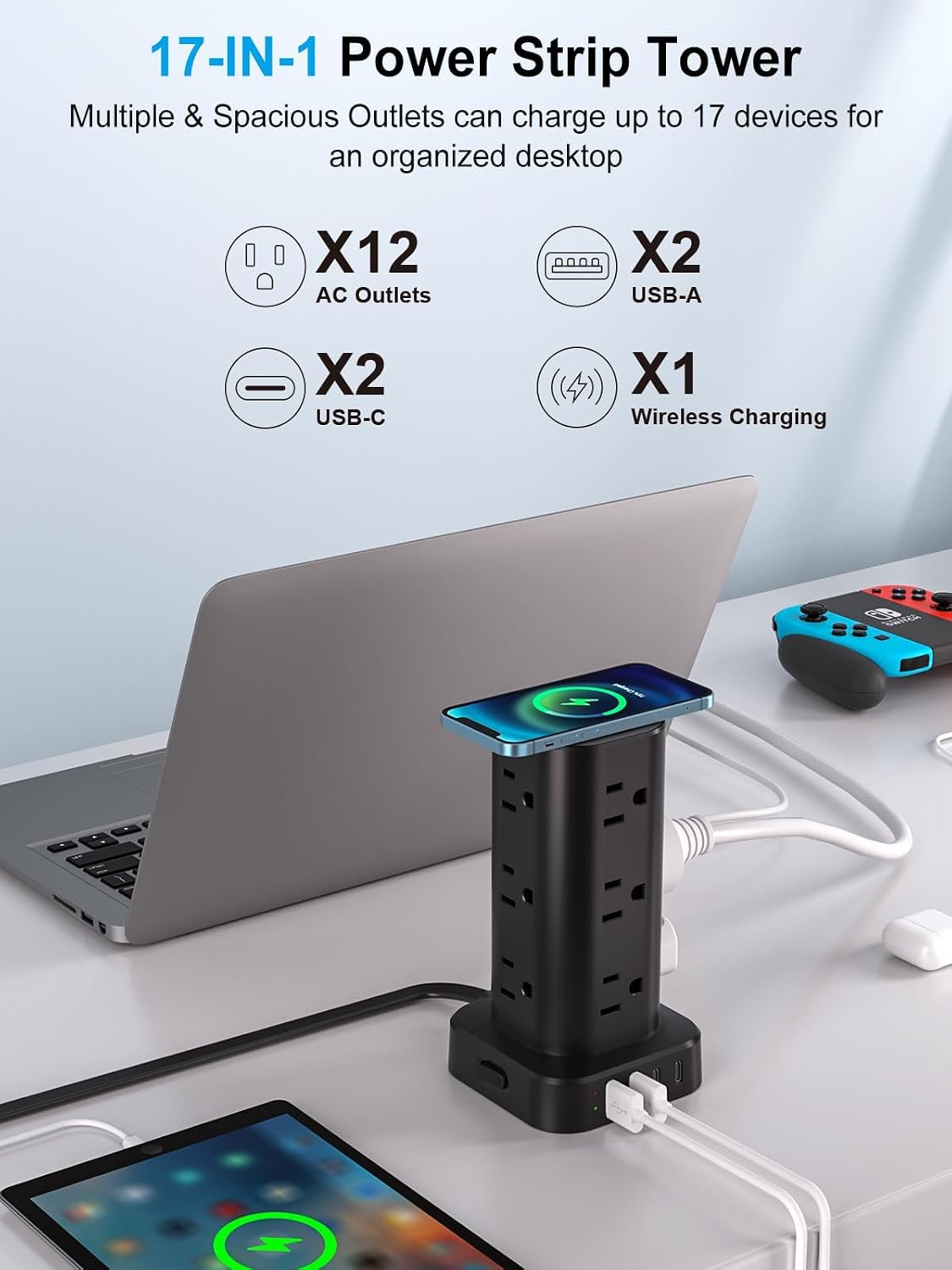 6FT Power Strip Tower Surge Protector, 12 Wide Spaced Outlets, 4 USB