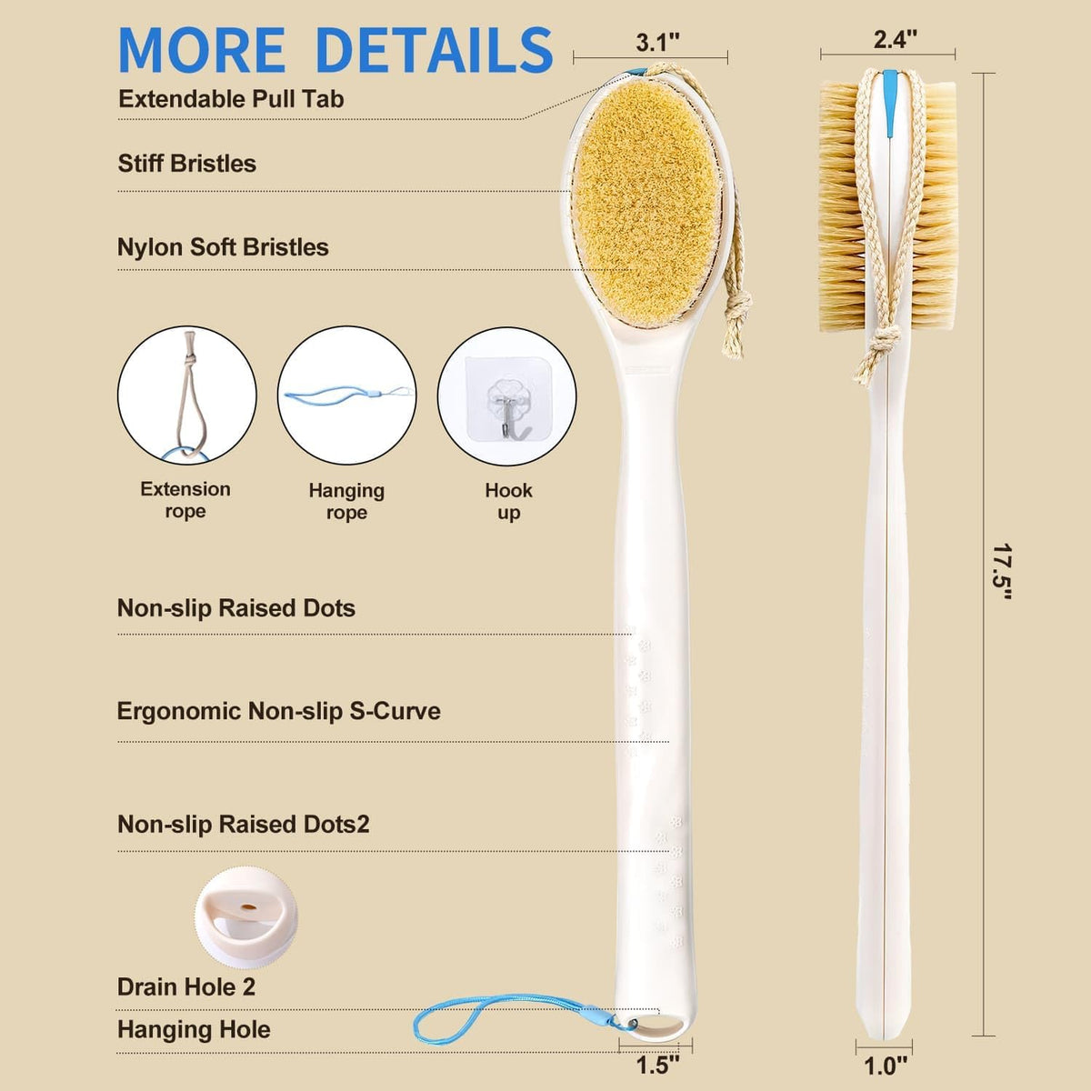Extendable Back Scrubber 17.5"-31.9", Dual-Sided Boar & Nylon