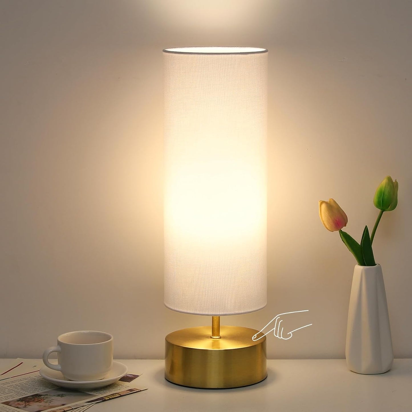 Touch Table Lamp, 3-Way Dimmable Modern Minimalist Accent Bedside Lamp with Cylinder Fabric Shade, Night Light Nightstand Desk Lamp for Bedroom Living Room Kitchen, 9W LED Bulb Included