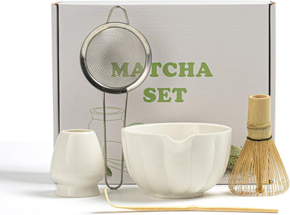 Matcha Whisk Set, Matcha Set Includes Ceramic Matcha Bowl, Bamboo Whisk, Scoop, Chasen Holder, Sifter, 5 Pcs Perfect Matcha Kit for Matcha Lover (Mottled Green)