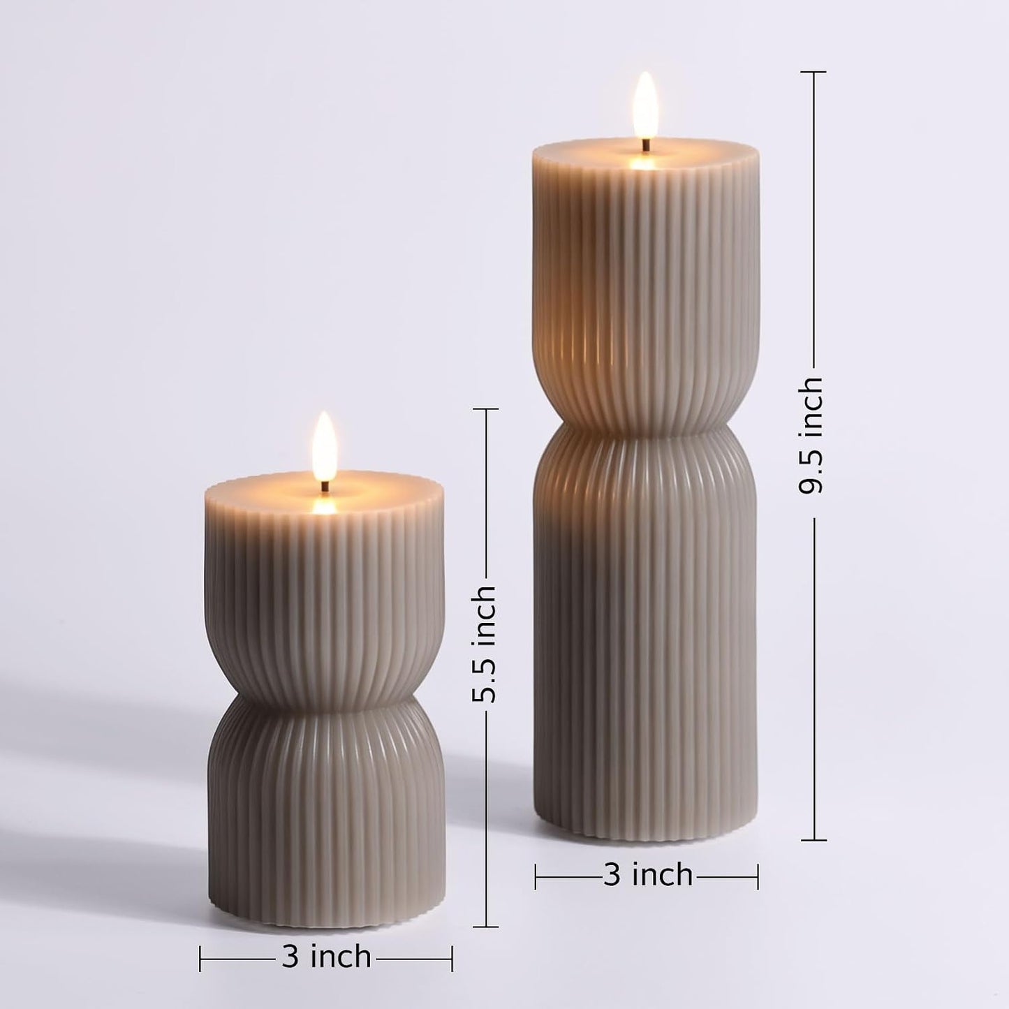 White Ribbed Flameless Pillar Candles with Remote, Real Wax Flickering Battery LED Candles Set of 2