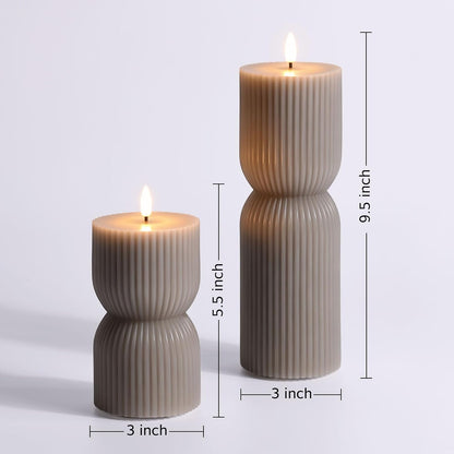 White Ribbed Flameless Pillar Candles with Remote, Real Wax Flickering Battery LED Candles Set of 2