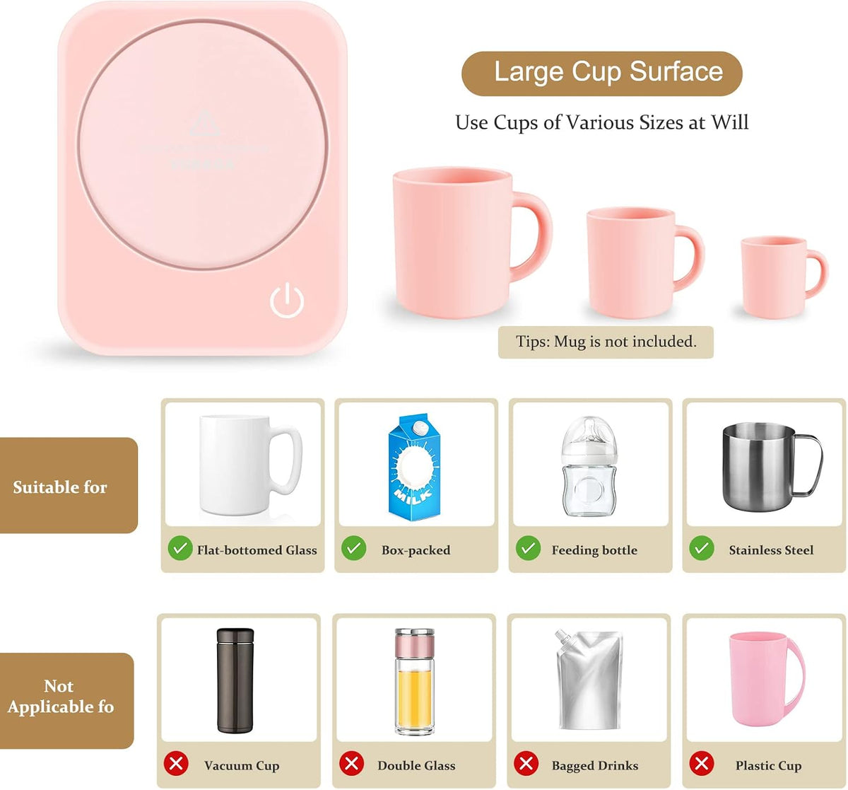 VOBAGA Coffee Mug Warmer for Desk with Auto Shut Off & 3-Temp Settings, Coffee Cup Warmer with Smart Safety Alert Home Office Accessory, Perfect for Coffee, Tea, Milk (Mug for Display)