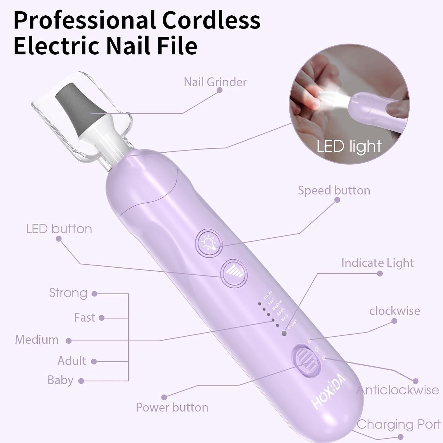 Hoxida Manicure Pedicure Kit, Professional Nail Grinder for Senior Thick Toenail, Cordless Electric Nail File, 5 Speeds Pedicure Tools for feet Callus Remover, Nail Drill for Women Hand Feet Care