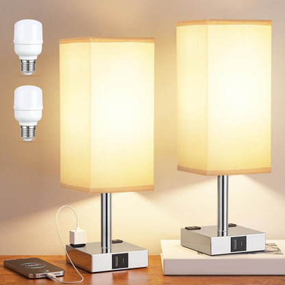 【Upgraded】Bedside Table Lamp Touch Control, with USB C+A Charging Ports & Dual AC Outlets, 3-Way Nightstand Lamp for Bedroom with LampShade Living Room Office(LED Dimmable Bulb Included)