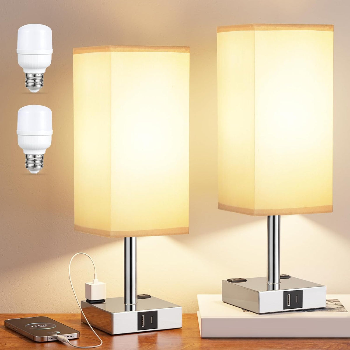 Touch Bedside Table Lamp for Bedroom - Dimmable, USB C+A, 2 AC Outlets