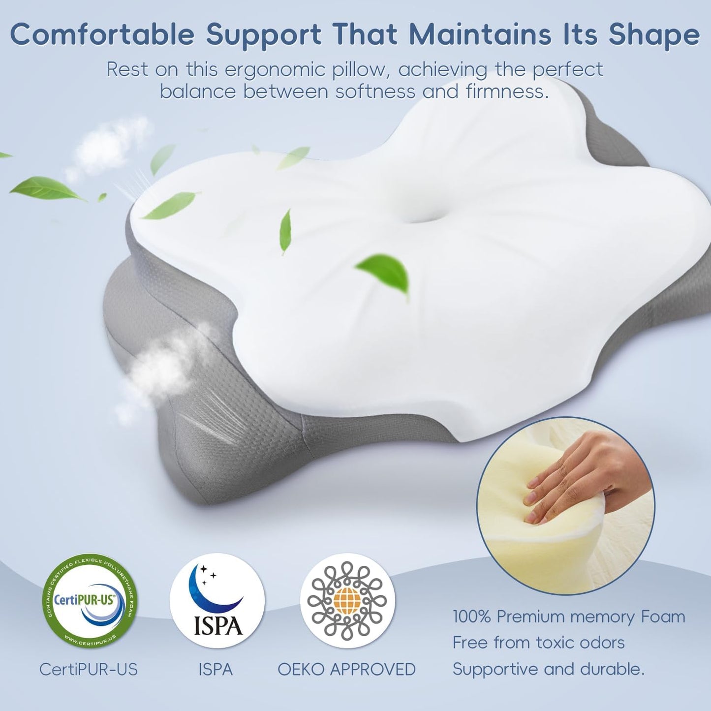 Cervical Neck Pillow, Ergonomic Memory Foam Pillow for Neck Pain Relief with Dual-Height Design, Breathable Cover, Neck Support for Side Back & Stomach Sleepers, Odorless White 1 pcs