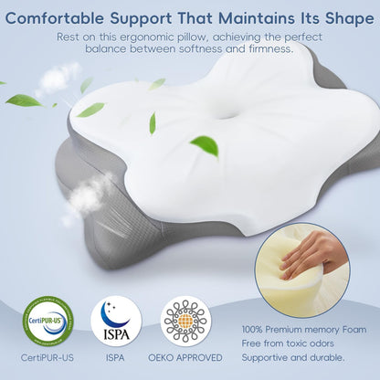 Cervical Neck Pillow, Ergonomic Memory Foam Pillow for Neck Pain Relief with Dual-Height Design, Breathable Cover, Neck Support for Side Back & Stomach Sleepers, Odorless White 1 pcs