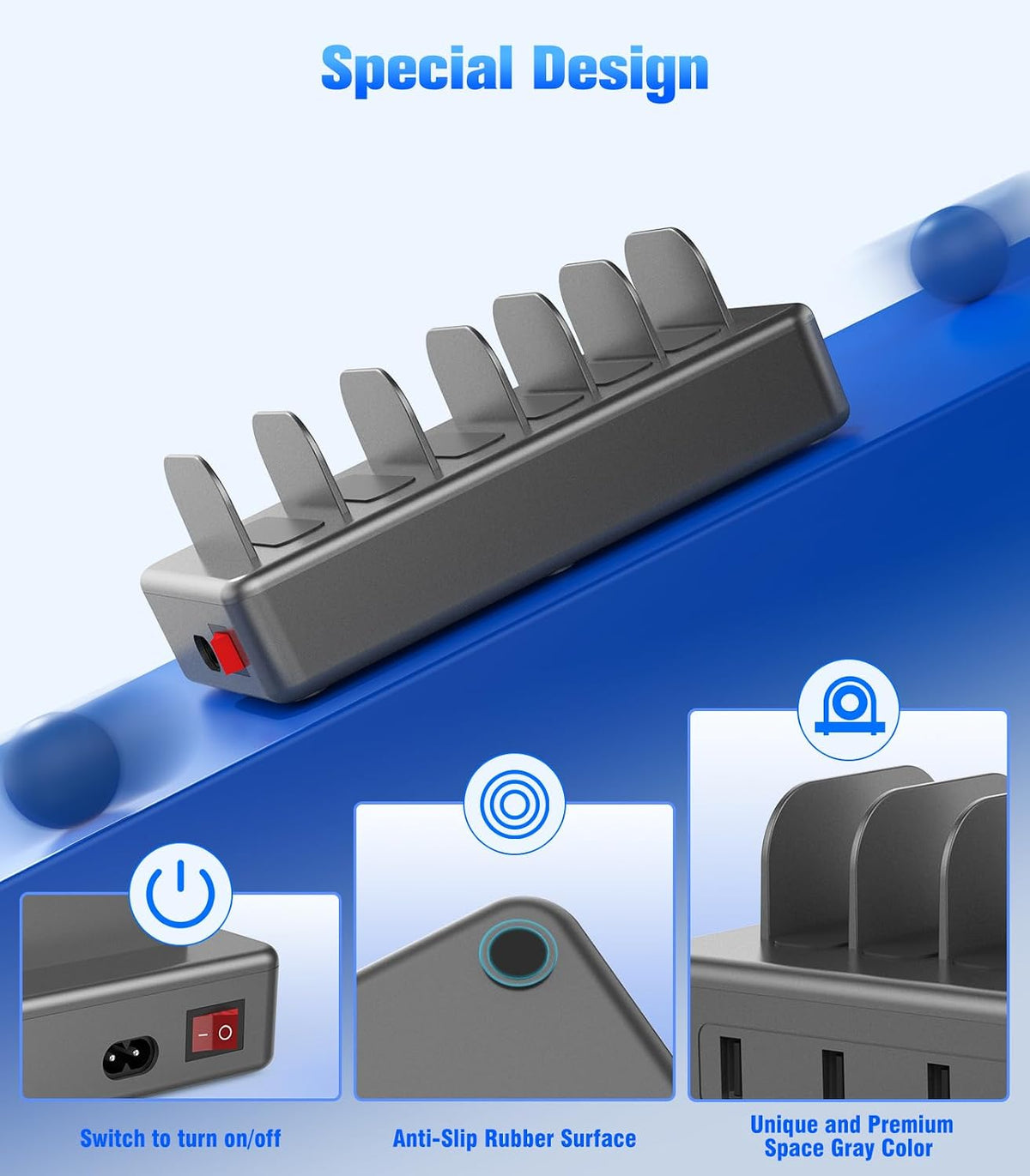 50W 6 Ports Multi Charger Station, USB Charging Dock for Multiple Devices