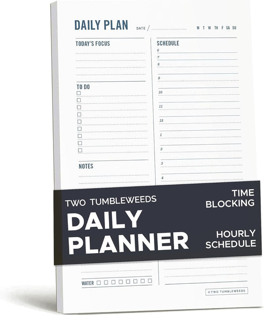 Daily Planner Notepad with Hourly Schedule - ADHD Planner, Time Block Planning Pad, Desktop To Do List, College Supplies - 6 x 9” - 50 Undated Sheets