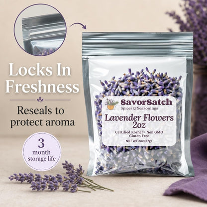 SavorSatch Dried Lavender Flowers Buds – Resealable Pouch | Culinary Grade, Whole Flower, Kosher Certified, Non-GMO | Soothing Aroma, Herbal Tea, Baking, Crafts, Sachets – Product of Albania