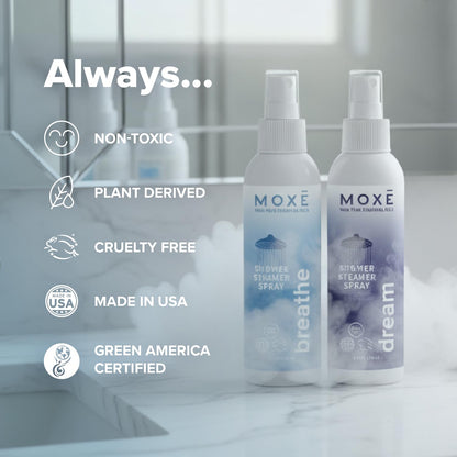 MOXĒ Eucalyptus Oil Shower Mist, Spa Steam Spray, Certified Natural 100% Essential Oils, Made in USA, Aromatherapy, Sinus Congestion Relief, Tension Relief, 4 Ounces