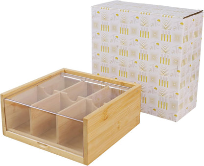 HTB Acacia Wood Tea Bag Organizer Storage Box with 6 Compartments