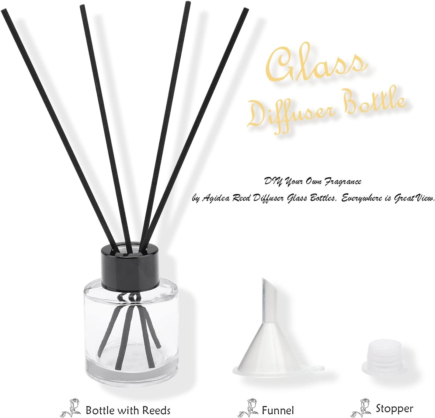 4PCS Fragrance Glass Diffuser Bottles, Refillable Diffuser Bottles with 20pcs Reeds Sticks & Black Caps & Funnel, Diffuser Jars for Home Oil Fragrance Decoration Girl Women Gift (100ML)