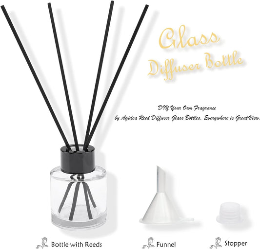 4PCS Fragrance Glass Diffuser Bottles, Refillable Diffuser Bottles with 20pcs Reeds Sticks & Black Caps & Funnel, Diffuser Jars for Home Oil Fragrance Decoration Girl Women Gift (100ML)