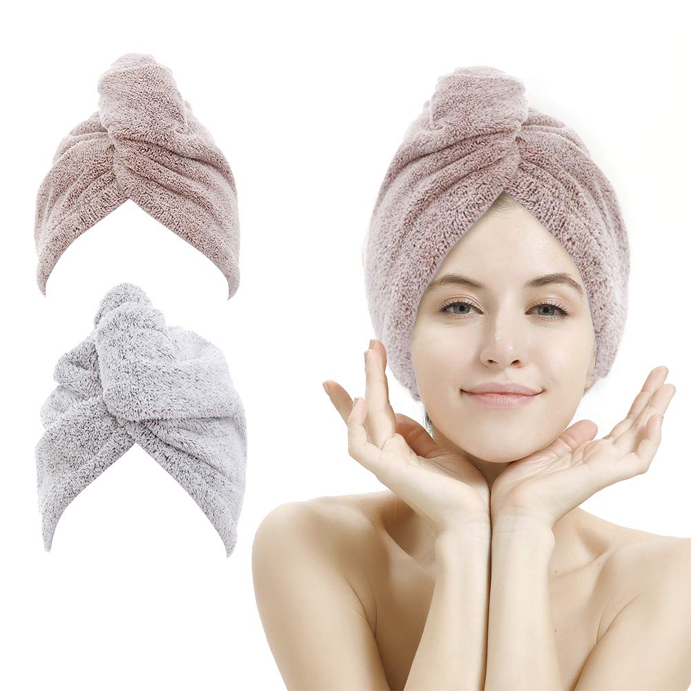 M-bestl 2 Pack Microfiber Hair Towel Wrap,Hair Drying Towel with Button,Quick Dry Hair Towel Turban for Women,Absorbent Anti-frizz Head Towel for Long Thick Curly Hair(Pink&Beige)